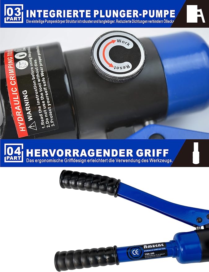 AMZCNC blue 16 Ton Hydraulic Wire Crimper Battery Cable Lug Terminal Crimping Tool WIth Standard US cable Dies,Crimps 6 AWG to 600 MCM, Cable Crimping Tool with 13 Pairs of Standard US cable Dies