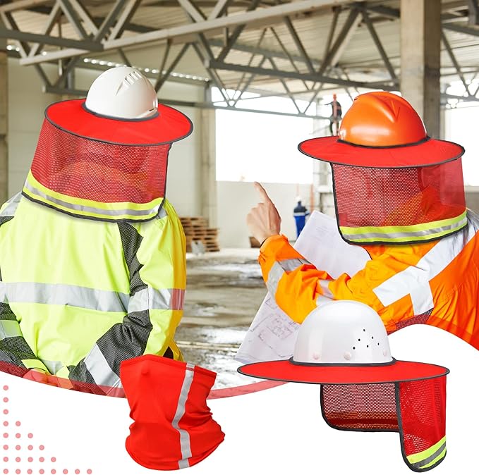 SATINIOR 2 Pcs Sun Hard Hat Neck Protection High Visibility Full Brim Mesh Sun Protection and Neck Gaiter Bandana Face Scarf for Construction Helmet Hard Hat Accessories, Reflective(Red)