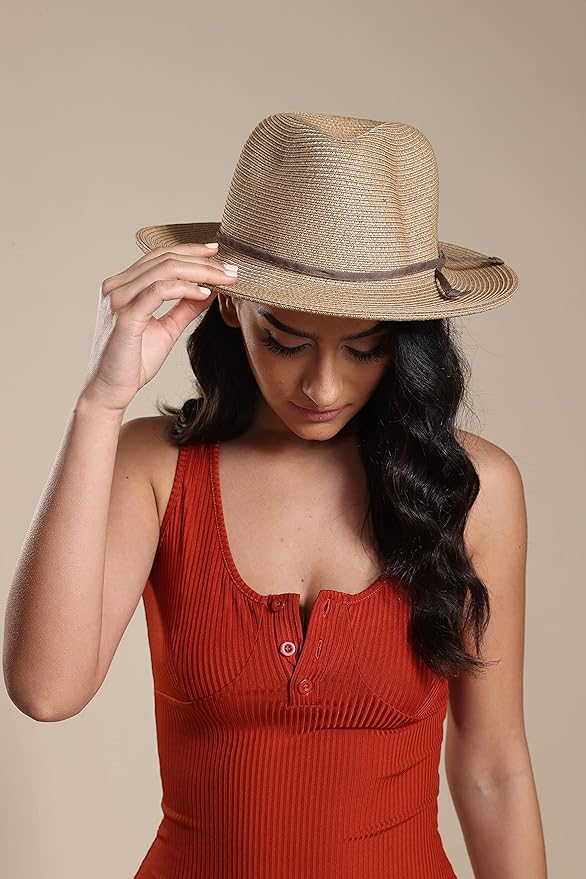 Joywant Womens Straw Fedora Beach Sun Hat, Packable Wide Brim Panama Hat for Women UV UPF50+ Summer Hat