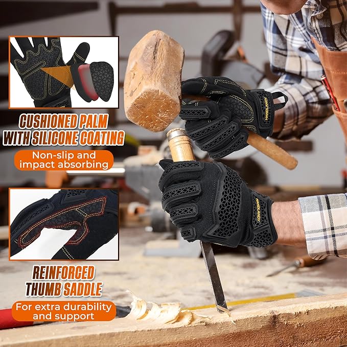 HANDLANDY Mens Work Gloves Touch screen, Utility Mechanic Gloves, Flexible Breathable Fit- Padded Knuckles & Palm