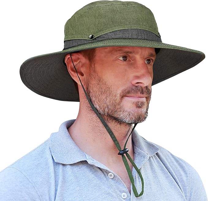 Men Safari Sun Hat Wide Brim Boonie Fishing Cap with Adjustable Drawstring