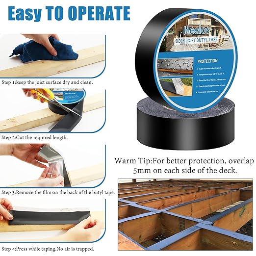 Deck Joist Tape 2''×50',4 Pack Weather-Resistant Joist Tape for Decking,Waterproof Seal Antiseptic Butyl Decking Tape,Self-Adhesive Flashing JoistsTape for Wood Decks Beams Roof