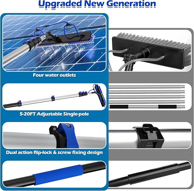 30 FT Reach Solar Panel Cleaning Brush Kit with 5-24 FT Telescopic Extension Pole, Water Fed Pole with Dual Action Flip-Lock & Screw Fixing Design, Ideal for Snow Removal, Windows, Boats, RVs