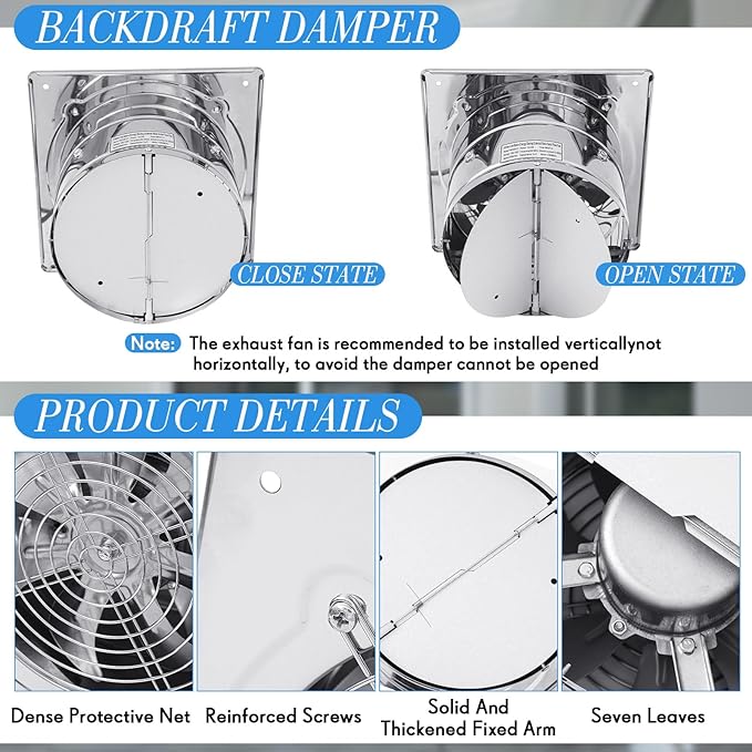 8 Inch Exhaust Fan 576 CFM Kitchen Exhaust Fan with Switch Small Bathroom Potable Plug in Garage with Damper for Shop, Smoking Room, Industrial Ventilation Use, Silver