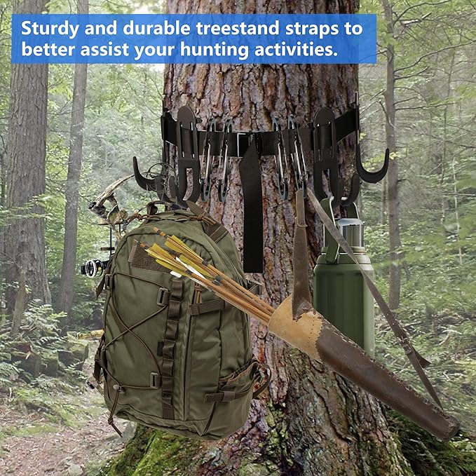 Tree Stand Harness Strap, Treestand Gear Hanger Starp with Multiple Carabiner Hooks for Hunting