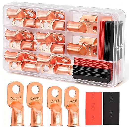 Twidec/32PCS Battery Cable Ends 1/0 AWG 2/0 AWG Heavy Duty Copper Lugs 0 Gauge 00 Gauge Copper Cable Wire Lugs,Coppers Ring Terminals 5/16" and 3/8" with Heat Shrink Tube