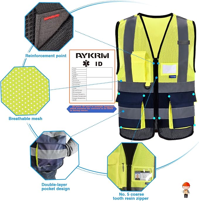 A-SAFETY High Visibility Safety Vest with 4 Reflective Strips 7 Pockets,Yellow&Navy Mesh X-Small