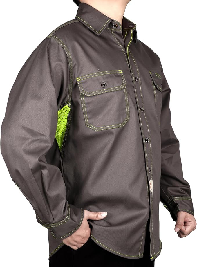 BOCOMAL FR Shirt for Summer Lightweight Vented Mesh Back and Underarm Breathable Flame Resistant Welding Button Down Shirts