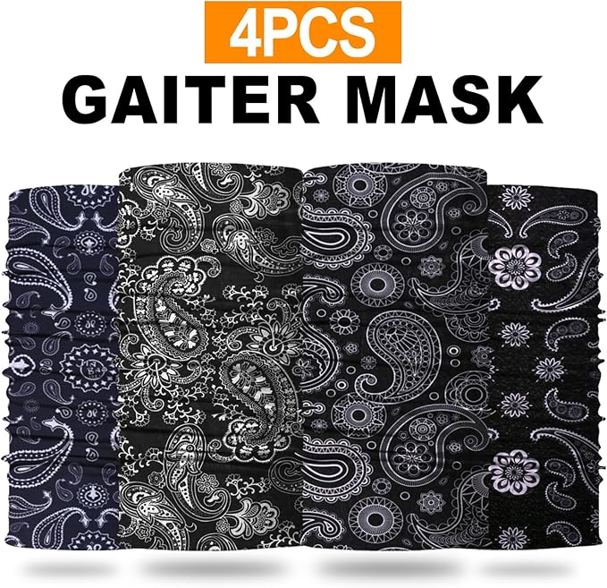 4Pack Neck Gaiter for Men Women Face Cover Mask Head Wrap Balaclava Headwear Bandana Headband Magic Scarf