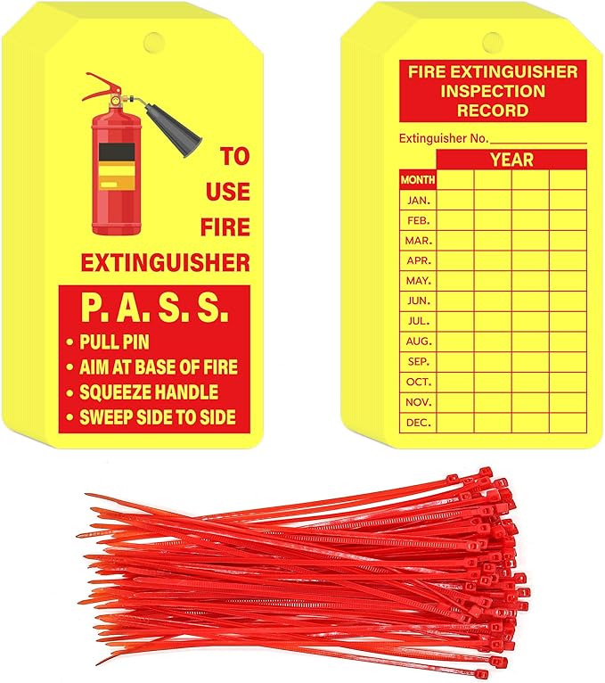 160 Sets Fire Extinguisher Tags with Adjustable Wire Ties Monthly Inspection Record Tags for Indoor Outdoor 4.2 x 2.1 Inch Yellow