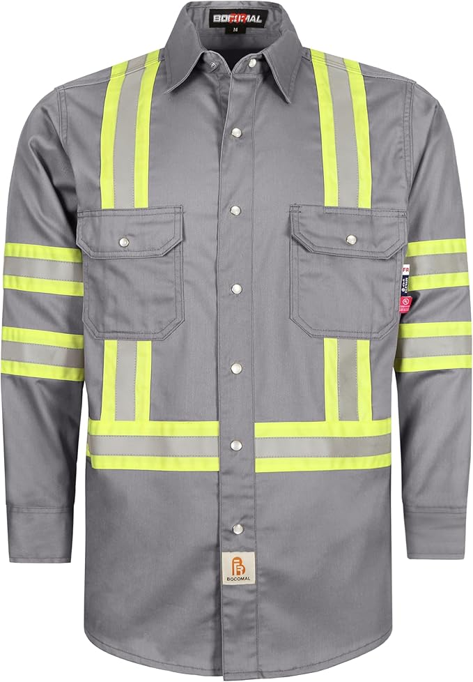 BOCOMAL FR Shirts for Men Hi Vis High Visibility 6.5oz Lightweight Type O Flame Resistant Refective Safety Shirt