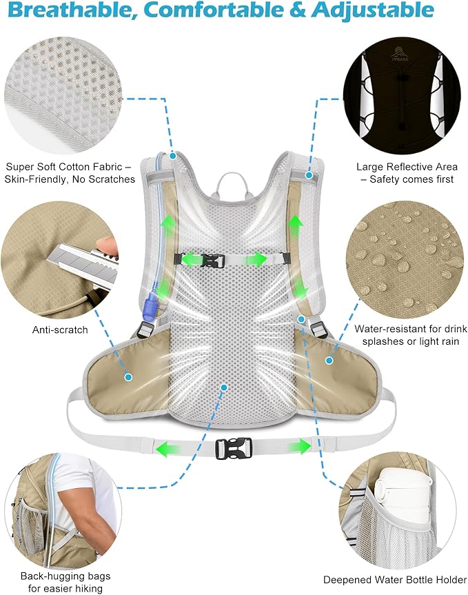 Hydration Backpack with 2L Water Bladder - Lightweight 15L Daypack with Phone-Sized Hip Belt Pockets, Anti-Chafe Cotton Edging & No-Bounce Straps - Small Water Backpack for Hiking, Running, Skiing