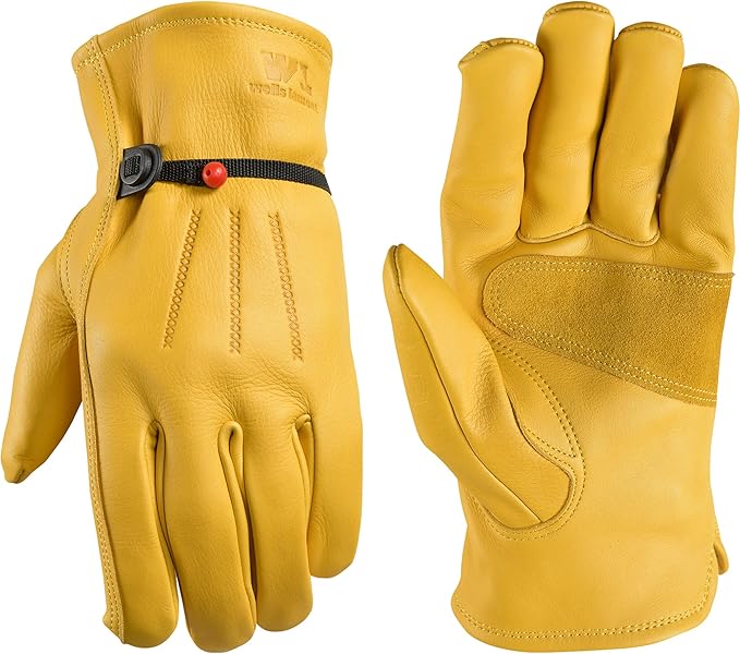 Wells Lamont Leather Work Gloves for Men – Heavy Duty, Cowhide, Abrasion & Puncture Resistant – Adjustable Wrist, Gunn Cut Design, Ideal for Ranching, Farming, Construction - Saddletan - S