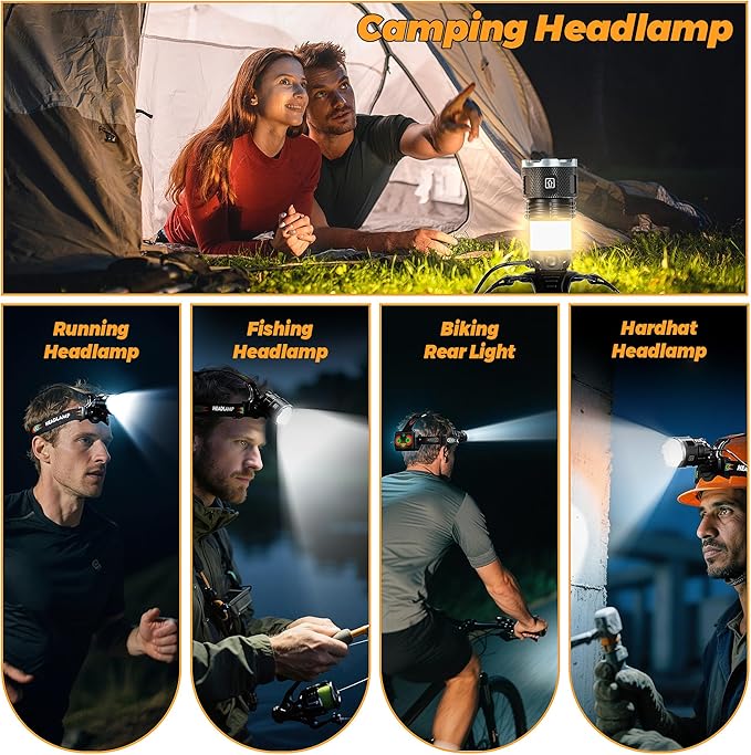 220000 Lux Bright Camping Headlamp Function 17 Modes Motion Sensor Adjustable Focus, More Than 95H Standby IP65 Waterproof, 125°Angle Head Lamp for Fishing Hiking Bike Hardhat
