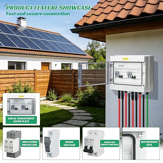 2 in 2 Out Solar Combiner Box,PV Combiner Box with 20A PV Fuse,DC 20A Circuit Breaker and Surge Protector,IP65 Solar Disconnect Switch Box for Indoor Outdoor Solar Panel System (2 in 2 Out 20A 1000V)