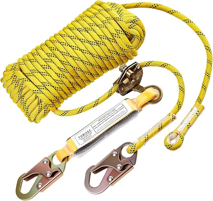 Rope Harness Safety Lanyard 150FT, Vertical Lifeline Assembly with Grab Snap Hooks Shock Absorber, Fall Protection Tree Climbing Lifeline Kit, Heavy Duty Roof Safety Equipment ANSI CE