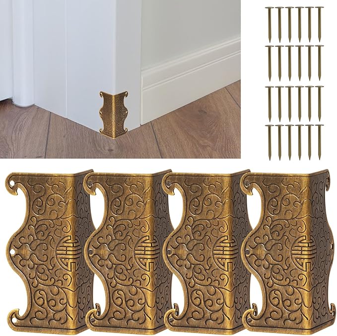 4 Pcs Baseboard Corner Protectors,Vintage Metal Skirting Board Corner Protectors for File Boxes,Bookshelves,Wooden Cases,Jewel Cases Decorative (Bronze)