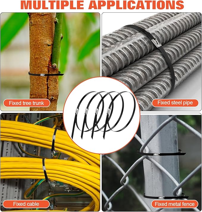 Black Metal Zip Ties Heavy Duty 11.8 inch for Outdoor Use, Stainless Steel Epoxy Coated Cable Chain Link Fence Zip Ties, Durable Metal Wire Ties Strap UV Resistant