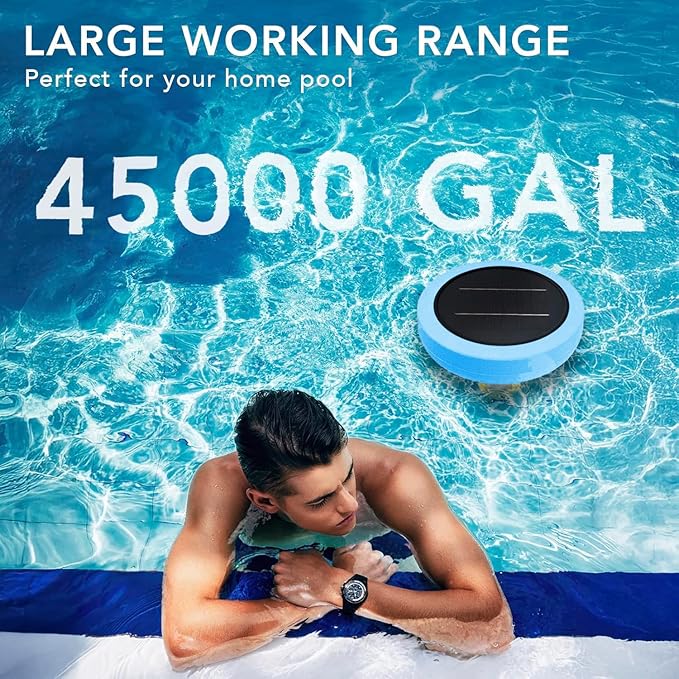 Solar Pool Ionizer - Enhanced with Latest Solar, 90% Less Chlorine, for Pools up to 45,000 Gal, Technology & Longer-Lasting Anode, Reduces Chlorine- Mineral-Based Pool Cleaning Device (Blue)