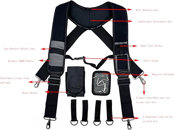 Tool Belt Suspenders for Work Belt Heavy Duty Padded with Magnetic WristBand Attachment Loops for Men