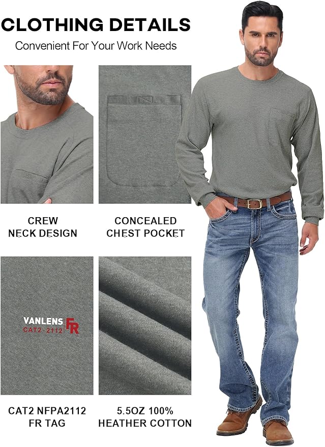 FR Shirts for Summer Crew T-Shirt 5.5OZ Heather Jersey Flame Resistant Long Sleeve Crew T Shirt CAT2