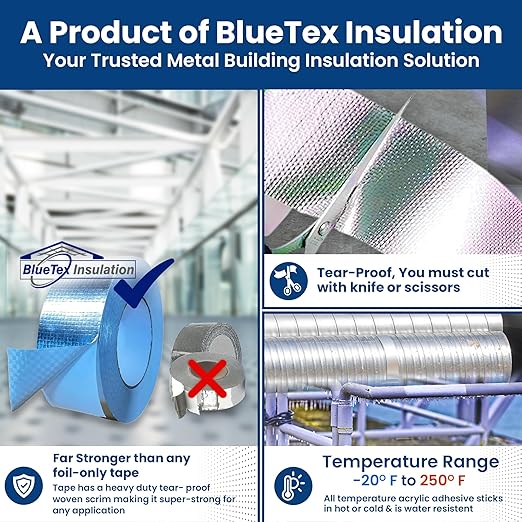 BlueTex Insulationㅤ HVAC Aluminum Foil Tape 2 inch x 150 ft (6 mil), Professional Grade Silver Metallic Tear-Proof HVAC Tape, Heavy Duty Aluminum Tape for Ductwork, Dryer Vent & Insulation - 12 Rolls