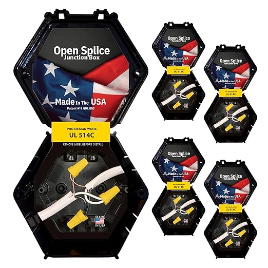 Open Splice Junction Box 5-Pack | UL 514C | One-Piece Polycarbonate Box, Code-Approved, Durable DIY Electrical Splice Enclosure in Black | Fast Installation for Safe Wiring Connections