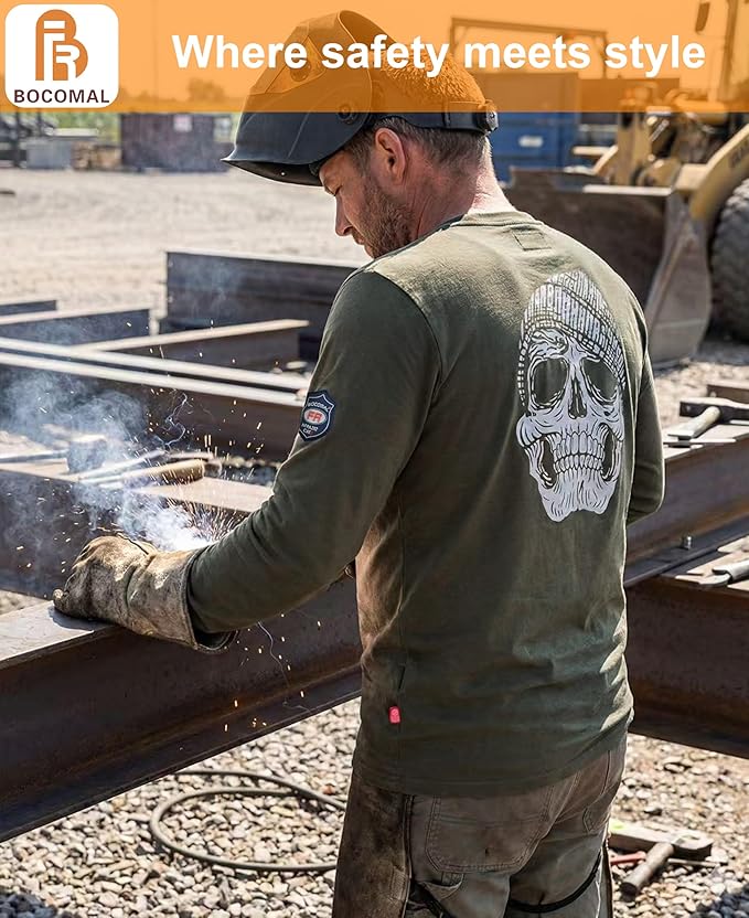 BOCOMAL FR Shirts Crewneck 7oz Midweight Flame Resistant Clothing NFPA2112 CAT2 Men's Fire Retardant Work Shirt