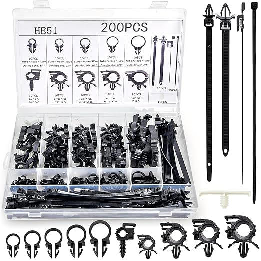 Goaste 200 Pieces Car Wire Loom Routing Clips, Automotive Harness Routing Clips Assortment, 15 Different Sizes Push Mount Cable Tie Kit, Universal Wiring Harness Clip Replacement Parts for Trucks Cars