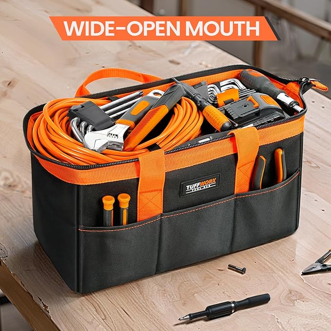 Tool Bag, Large Tool Organizer Bag with 18 Pockets,15.7x 11.4x 9.8 inch, Heavy Duty 600D Fabric, Black and Orange