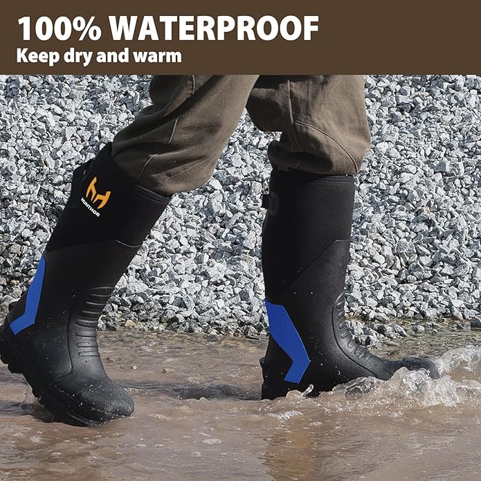 Rubber Work Boots, Puncture-Proof with Steel Toe & Shank, Lightweight Waterproof Anti Slip EVA Outsole Hunting Boots for Men, 6mm Neoprene for Construction, Manufacturing or Farming(Size 6-14)