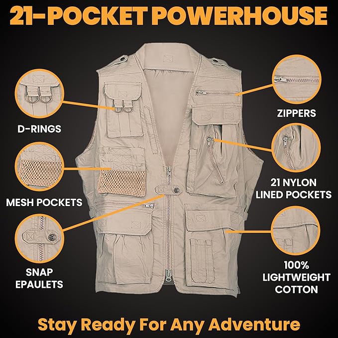 Humvee Utility Vest with 21 Pockets -Travel, Safari, Hunting, Camping, 100% Cotton, Tactical Jacket for Men & Women