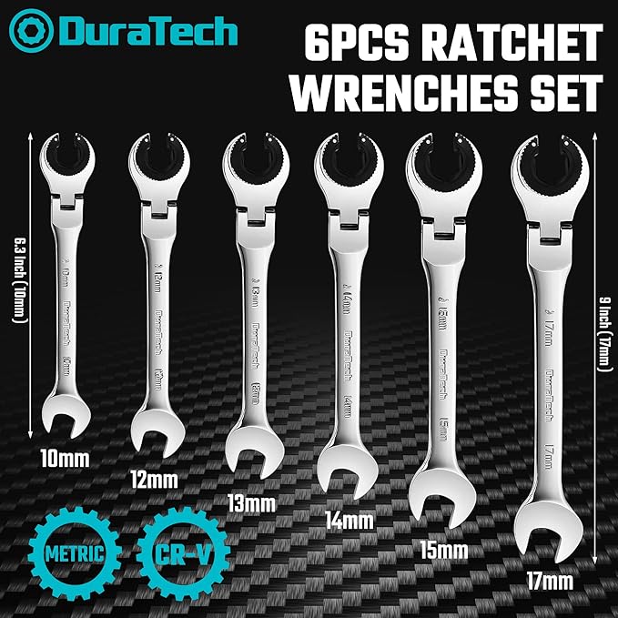 DURATECH 6-Piece Ratcheting Wrench Set with Open Flex-head, Metric Ratcheting Tubing Wrench Set, 10-17mm, 72-Tooth Gear, CR-V Steel, with Organizer Bag, Gifts for Men