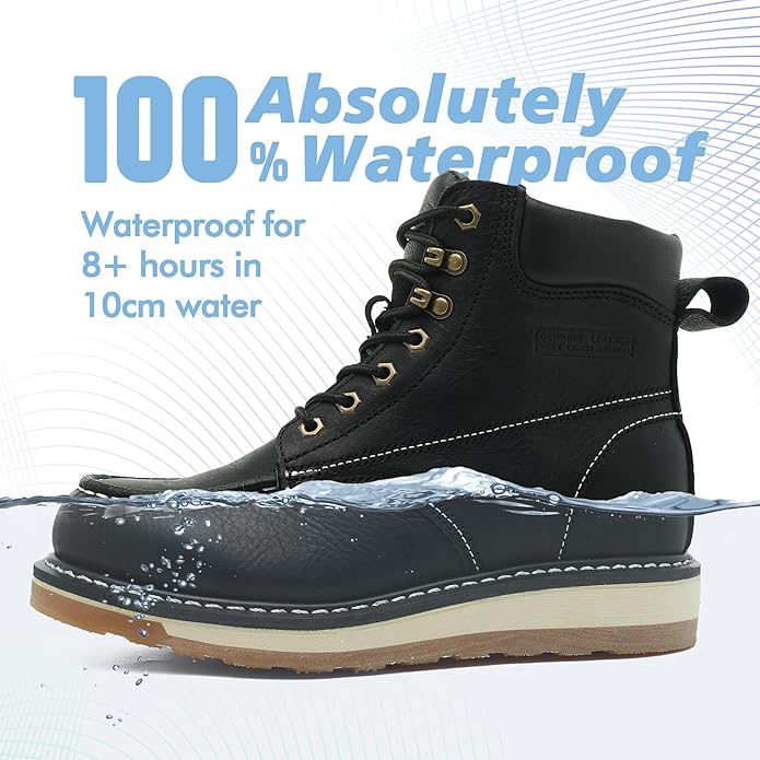 Moc Toe Work Boots for Men Waterproof Soft/Steel Toe Comfortable Full Grain Leather Non Slip Wedge Outsole Construction 6" Workboots