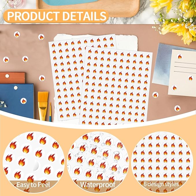 2400 Pcs Small Sticker for Kids,Mini Fire Sticker Cartoon Paper Small Decals Cute Self-Adhesive Stickers for Summer Party Envelopes Scrapbook Gifts DIY Supplies,0.5in（Fire）