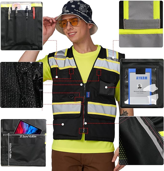 A-SAFETY High Vis Reflective Safety Vest for Men Women Zipper Ipad Pockets Mesh Construction Apparel Neon Vest for Work