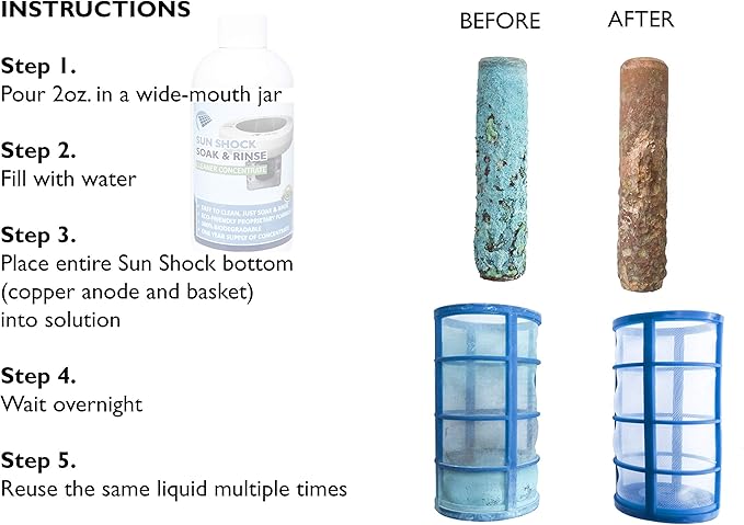Copper Anode, Basket, and Coil Cleaner - Easy to Use, Prolongs The Electrode (8oz) - Cleans Your Solar Pool Ionizer's Basket and Electrode, All at Once - Sun Shock Soak and Rinse