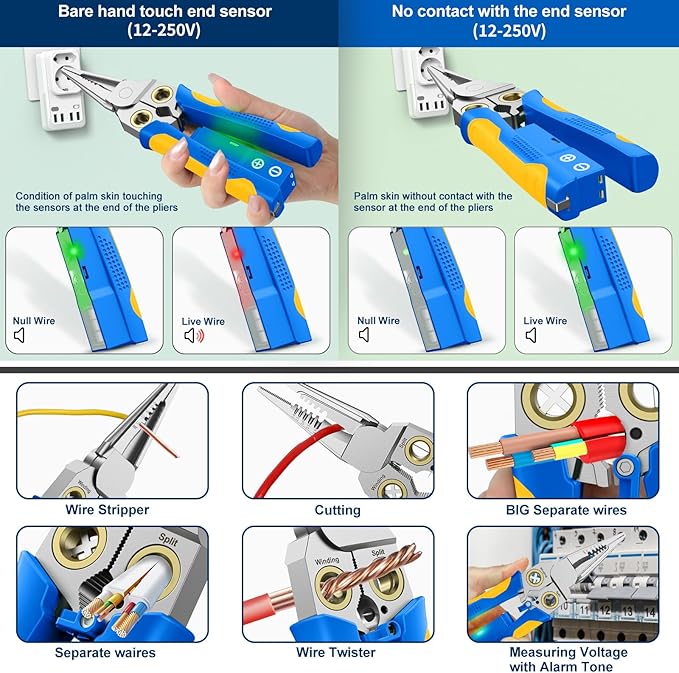 GADO Pro 8-in-1 Wire Stripper/Cutter with Voltage Tester & Dual Alarms - Heavy Duty 12-250V AC/DC Electrical Tester for Hot/Neutral Wires - Electrician, HVAC, Car Repair Tool (Blue-1)