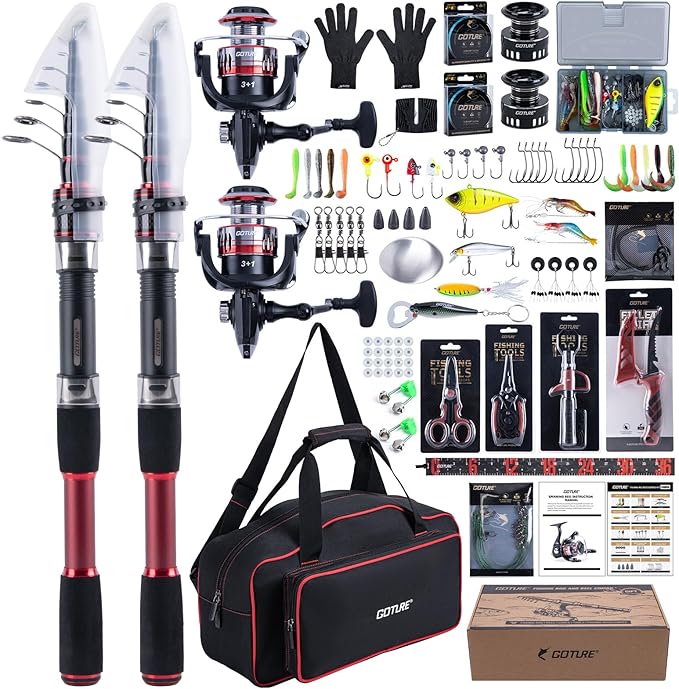Goture Fishing Rod and Reel Combo, Red Telescopic Fishing Pole with Full Starter Kit & Carrier Bag, Portable 24T Travel Spinning Rod for Bass Trout, Freshwater Beginners Gift