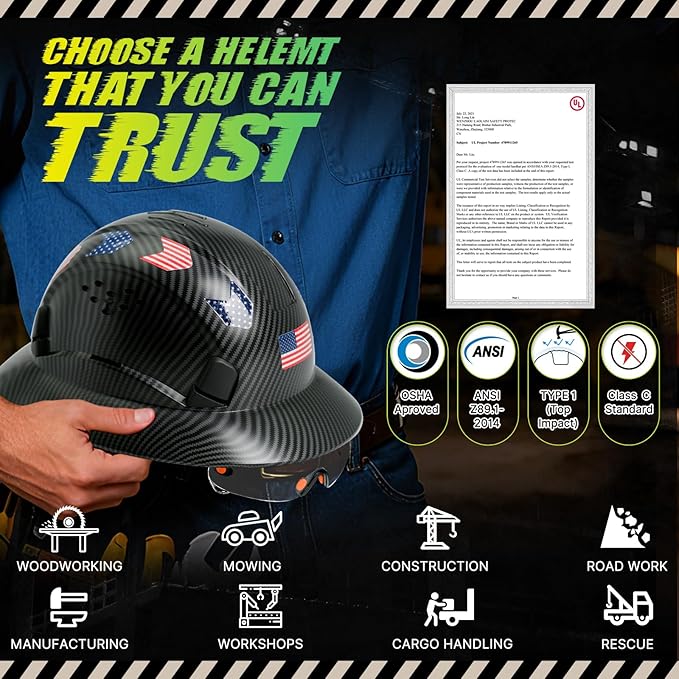 Carbon Fiber Pattern Full Brim Hard Hat with Visor-OSHA Approved Construction Safety Helmet for Men Women,ANSI Z89.1 Vented Reflective Hardhat with Hard Hat Chin Strap,6-Point Suspension