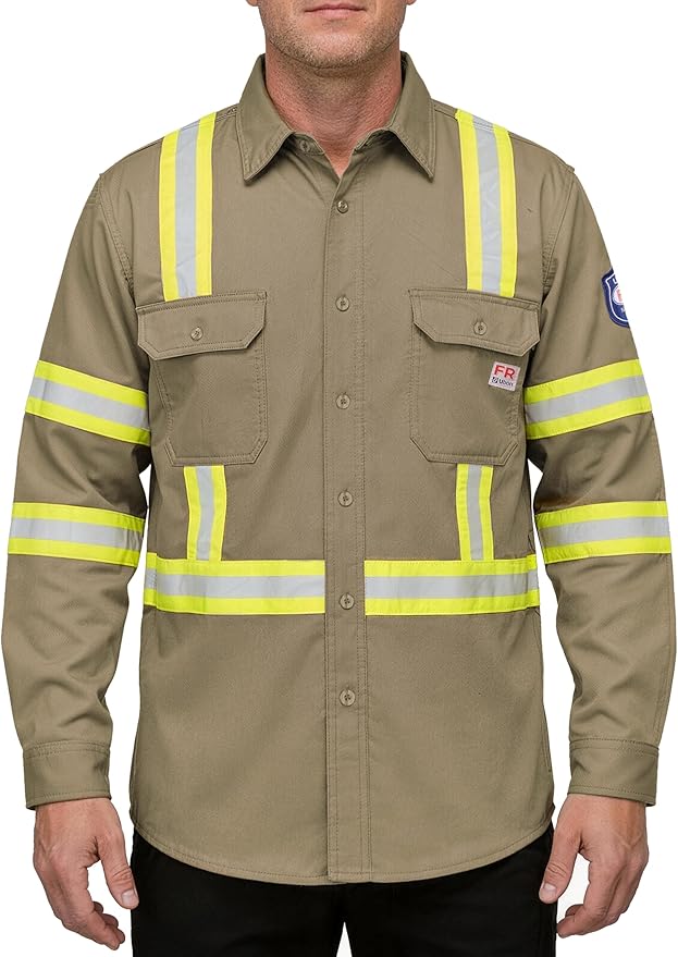 Ubon FR Shirts for Men High Visibility Welding Shirt 100% Cotton Button Down Long Sleeve Safety Workwear 6.5 oz