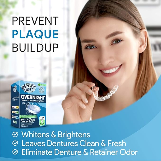 120 units Overnight Retainer & Denture Cleaning Tablets- Extra Strength, Best Cleaner Removes Bad Odor, Plaque, Stains from Retainers, Night Guards, Mouth Guard, & Dental Appliances.