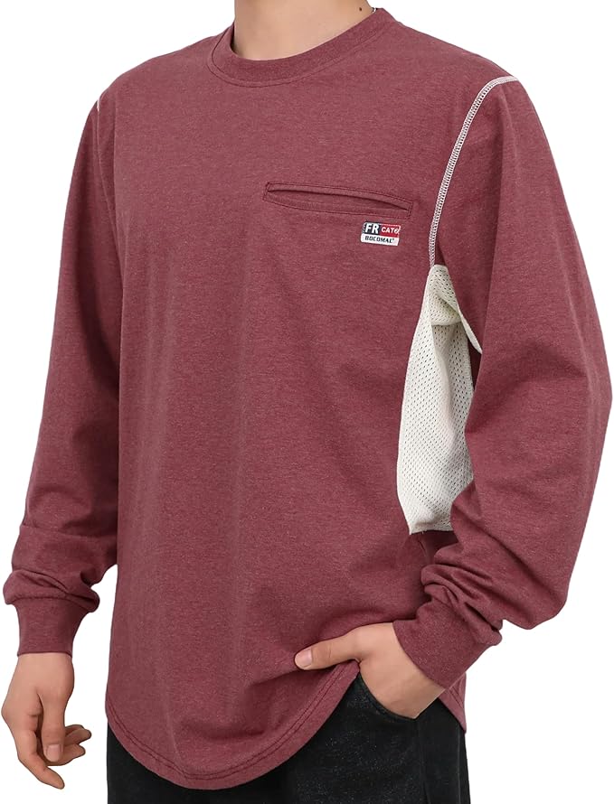 BOCOMAL FR Shirts for Summer Breathable Vented Design 6oz Heather Jersey Flame Resistant Long Sleeve Crew T Shirt