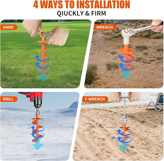 Phopich Ground Anchor Screw in, 4 Pack Spiral Trampoline Anchors with Nut and Tool Swing Set Anchors Tent Stakes High Wind Heavy Duty for Sheds, Carports, Mobile Home Orange