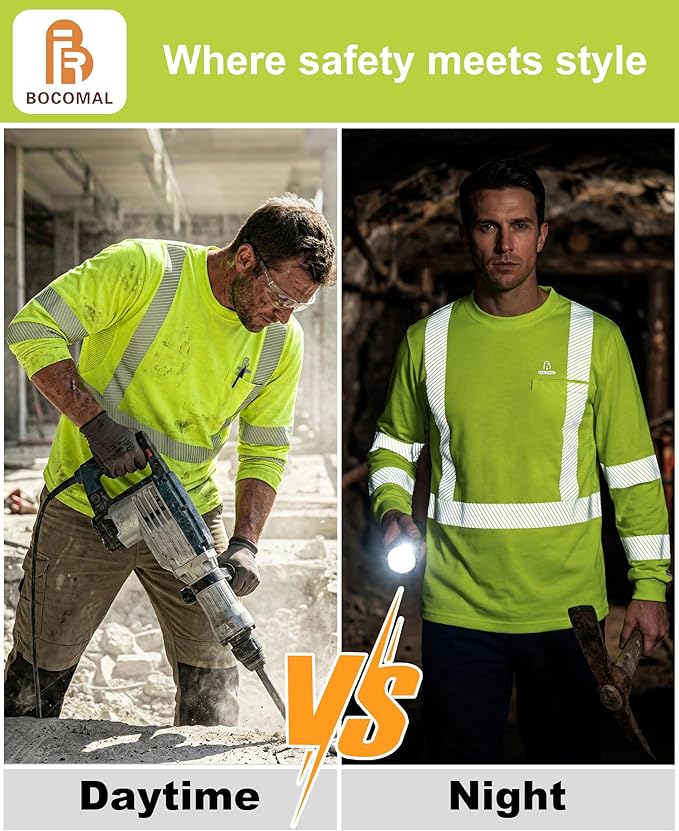 BOCOMAL Reflective FR Shirts High Visibility Summer Vented Mesh Long Sleeve Crewneck Lightweight Flame Resistant Workwear