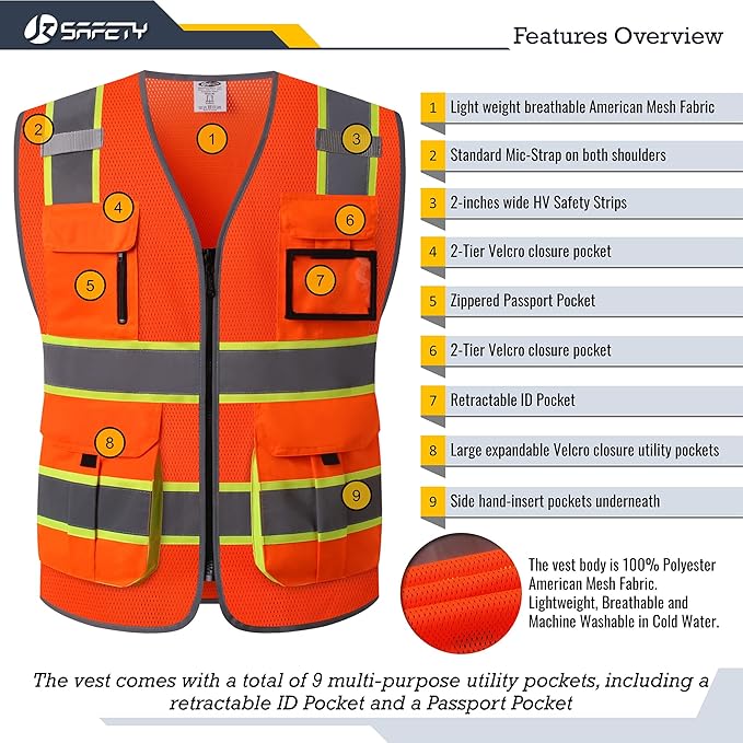 JKSafety 9 Pockets Hi-Vis Mesh Safety Vest for men and women | Chaleco reflectante de seguridad | Zipper Front | Multiple Pockets | Class 2 (140-Orange L)