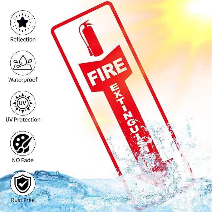 (4 Pack) Fire Extinguisher Signs – Strong Self Adhesive Fire Extinguisher Sign for Business, 12x4 Inch Aluminum Fire Extinguisher Signs Weather Resistant and Easy to Install (White)