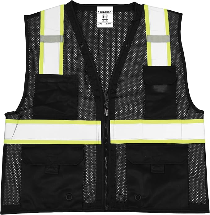 Kishigo Black Enhanced Visibility Men's Vest B100, Multi Pocket Mesh Hi-Vis Vest, Ultra-Cool Polyester, 6 Pockets, Zipper