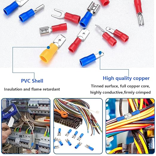 smseace 22-10AWG Wire Crimp Connectors 2.8mm/4.8mm/6.3mm Male and Female Connector kit Insulated Wire Spade/Fork/Ring Electrical Speaker Connector