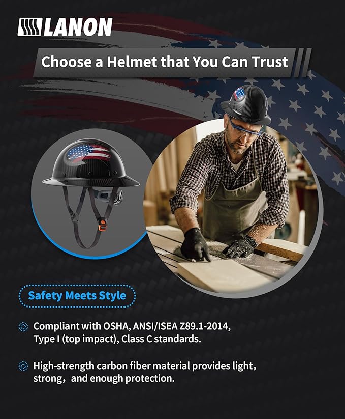 LANON Carbon Fiber Full Brim Hard Hat, OSHA Approved ANSI Z89.1 Hard Hats for Men, Construction Safety Helmet with Chin Strap, 6-Point Suspension, American Flag Design, Class C